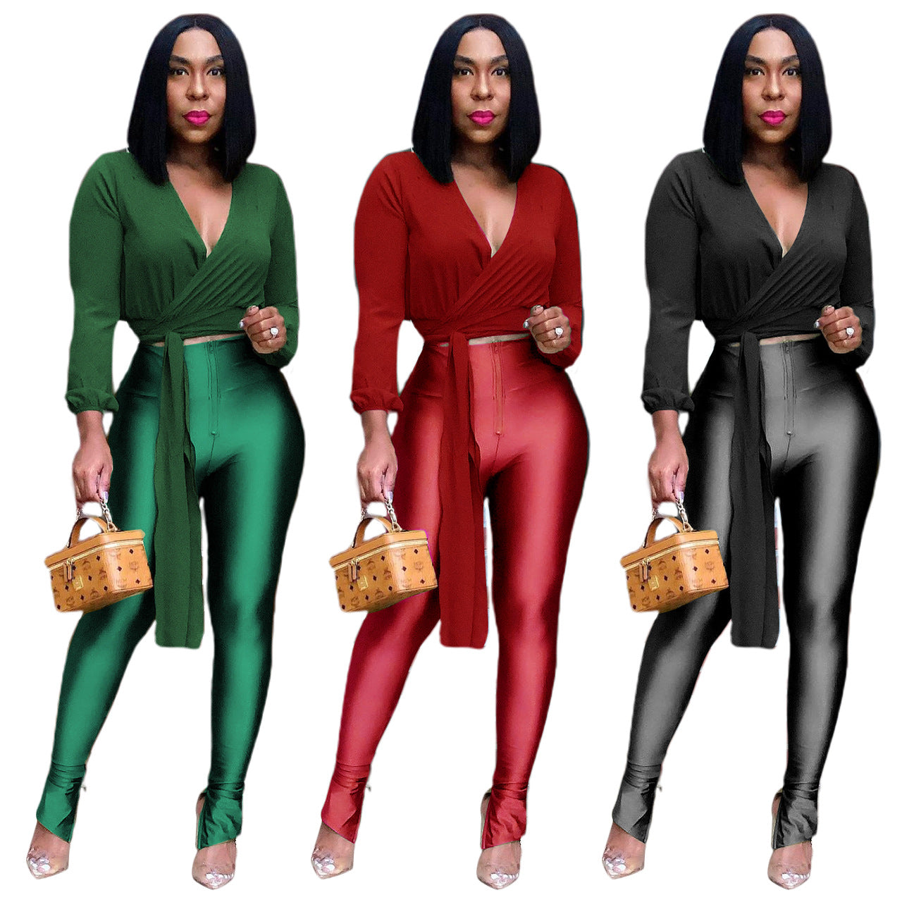 Women's Chiffon Top And Metal Pants Two Piece Set