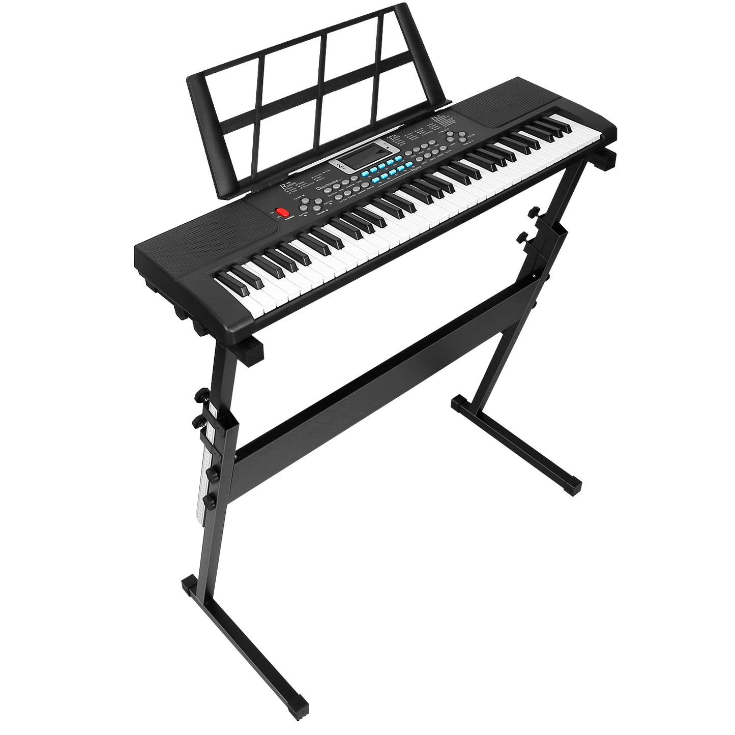 Black electronic keyboard with stand on a white background