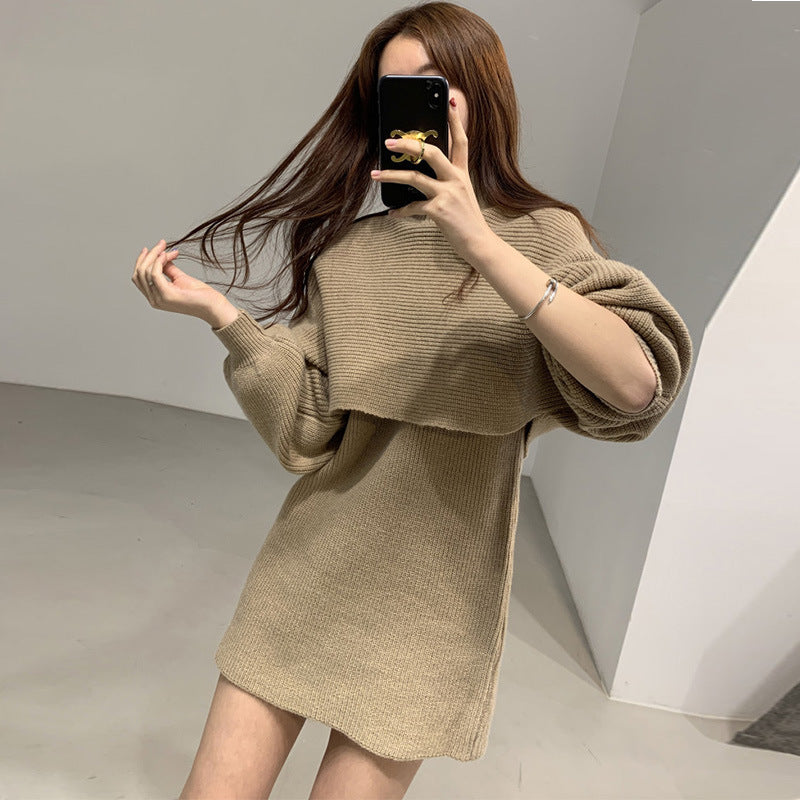 Women's Fashion Knitted High Neck Undershirt Dress Set