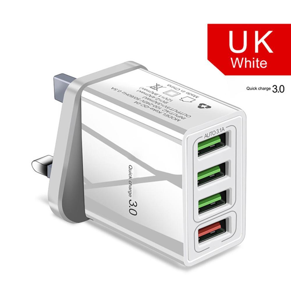 White USB charger with multiple ports on a white background
