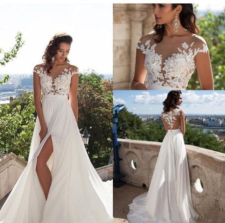 Bohemian wedding dress A word applique floor length chiffon bride dress custom side elegant wedding dress