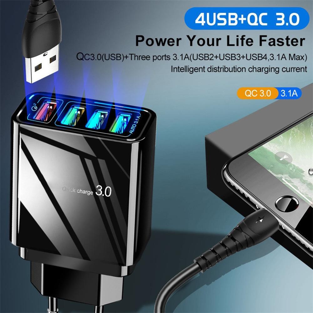 4-USB charging hub with Quick Charge 3.0 technology on a dark background