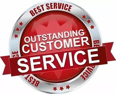 Badge with 'Outstanding Customer Service' text on a red and silver background
