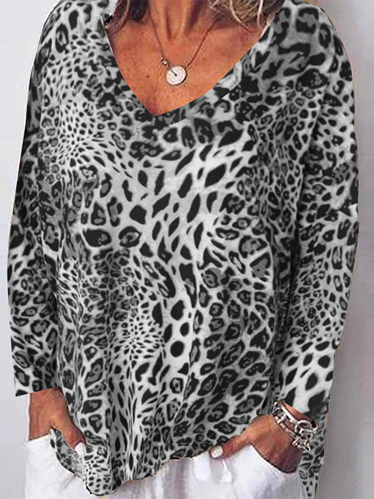 Leopard Print Casual V-Neck Top Long Sleeve Blouse
