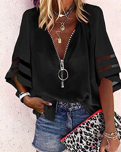 V-neck Zipper Shirt Half Bell Sleeve Mesh Stitching Shirt