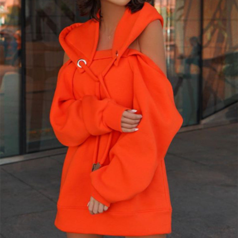 Solid color stitching off-shoulder long-sleeved sweater
