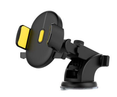 Black car phone holder with yellow button on a white background