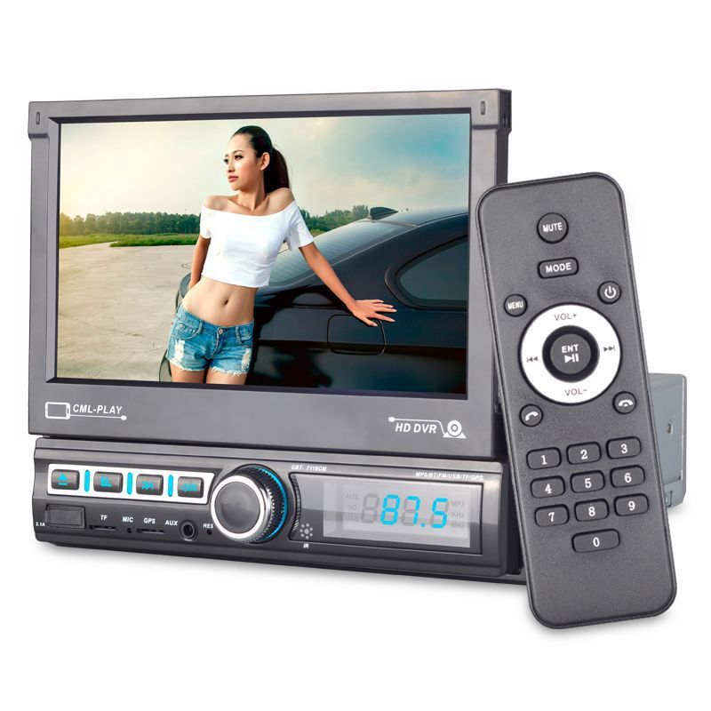 Car multimedia player with screen displaying a woman by a car, accompanied by a remote control.