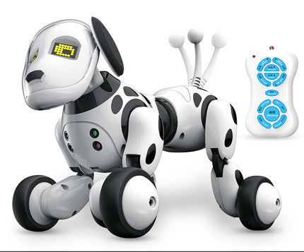 A smart robot dog toy with a white and black spotted pattern, featuring a head with LED lights, a remote control, and black wheels.