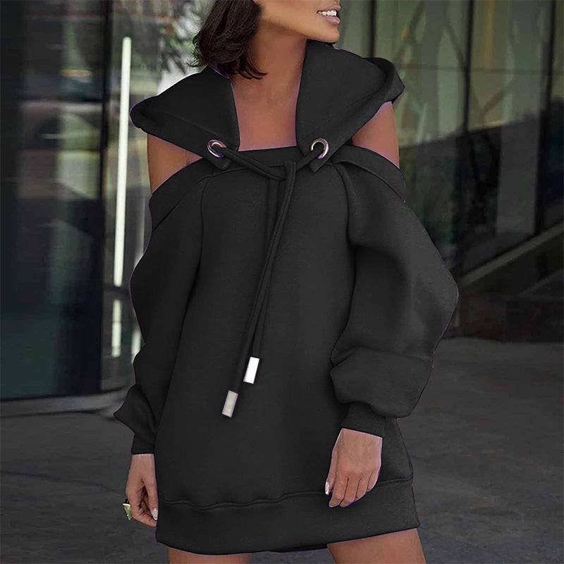 Solid color stitching off-shoulder long-sleeved sweater