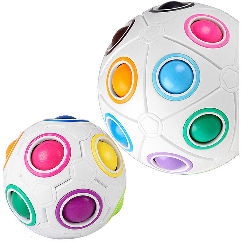 Two children's toy balls with multiple colored holes, resembling a soccer ball design, intended for educational or recreational use.