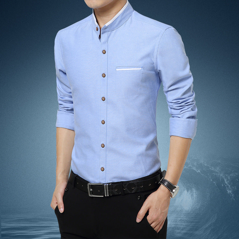 New Men's Stand Up Collar Shirt Long Sleeved Shirt Men's Slim Business Casual Oxford Shirt