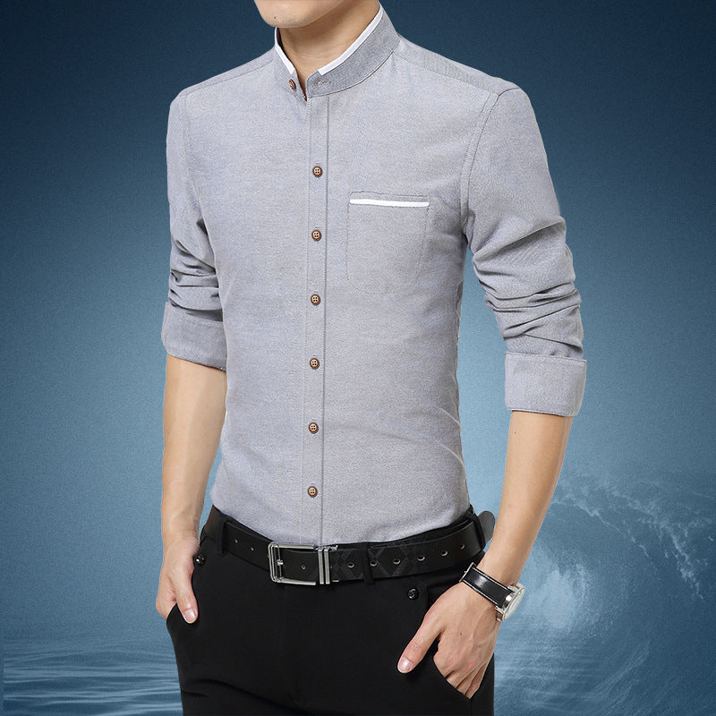 New Men's Stand Up Collar Shirt Long Sleeved Shirt Men's Slim Business Casual Oxford Shirt
