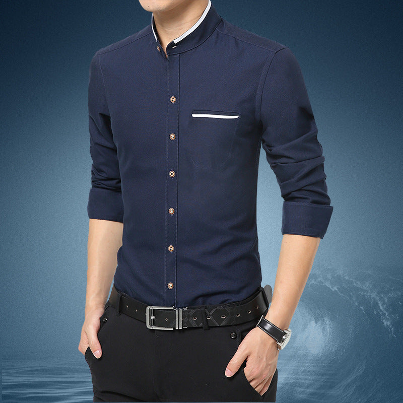 New Men's Stand Up Collar Shirt Long Sleeved Shirt Men's Slim Business Casual Oxford Shirt
