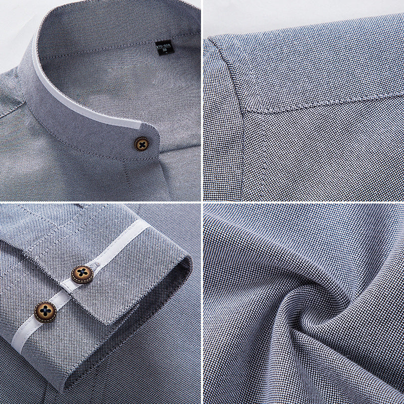 New Men's Stand Up Collar Shirt Long Sleeved Shirt Men's Slim Business Casual Oxford Shirt
