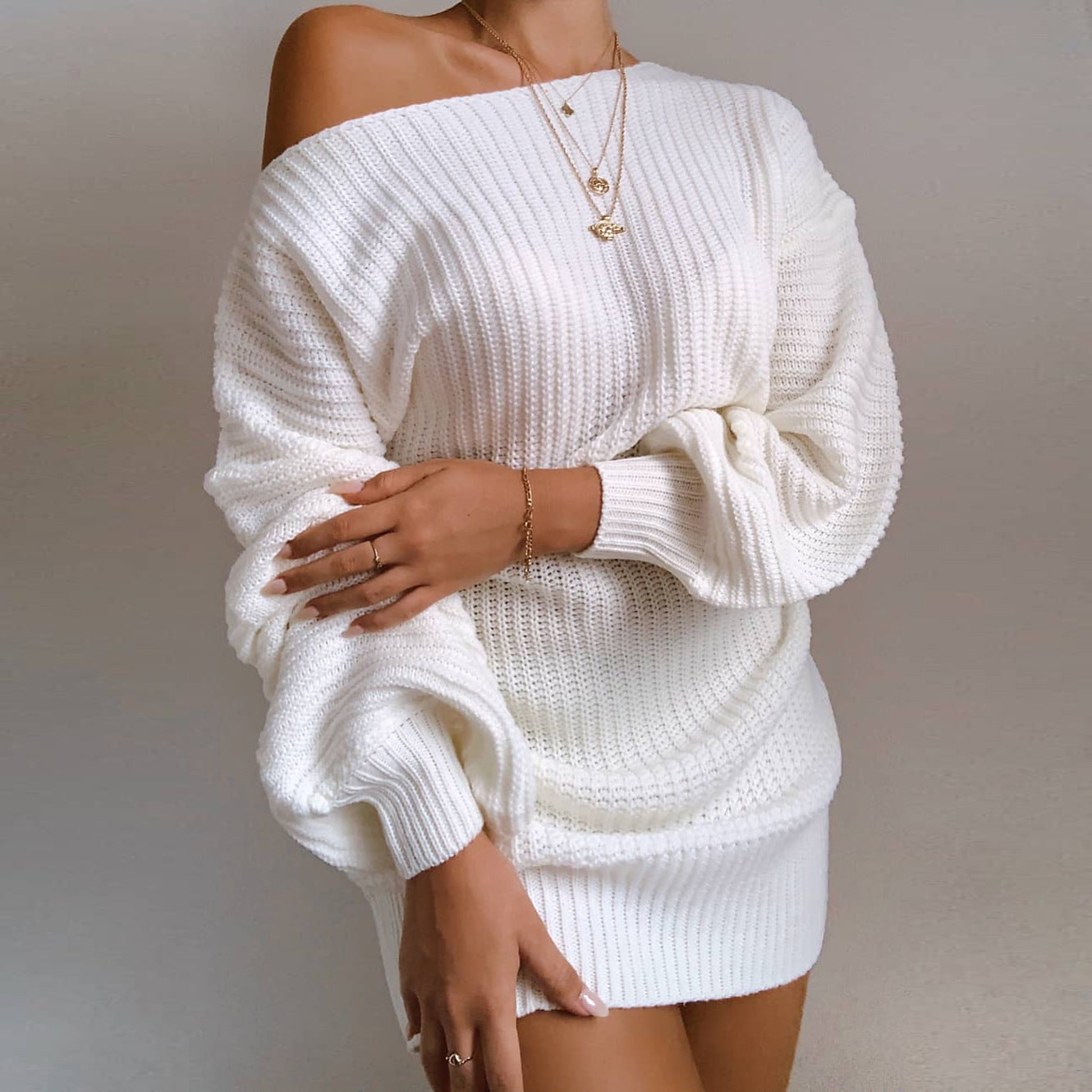 OrangeA Women Off Shoulder Knitted Sweater Dress Autumn Winter Loose Long Sleeve Solid Ladies Tunic Elegant Streetwear Dresses