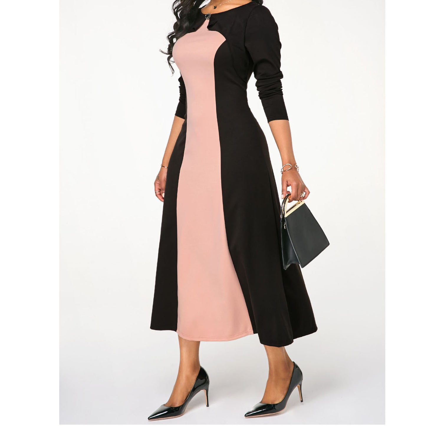 Spring And Autumn Round Neck Contrast Long-sleeved Sweet Party Dress