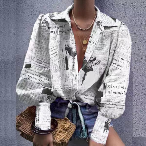 Printed Color-Blocking Lapel Long-Sleeved Shirt t-Shirt