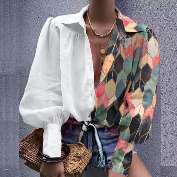 Printed Color-Blocking Lapel Long-Sleeved Shirt t-Shirt