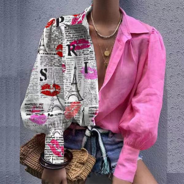 Printed Color-Blocking Lapel Long-Sleeved Shirt t-Shirt