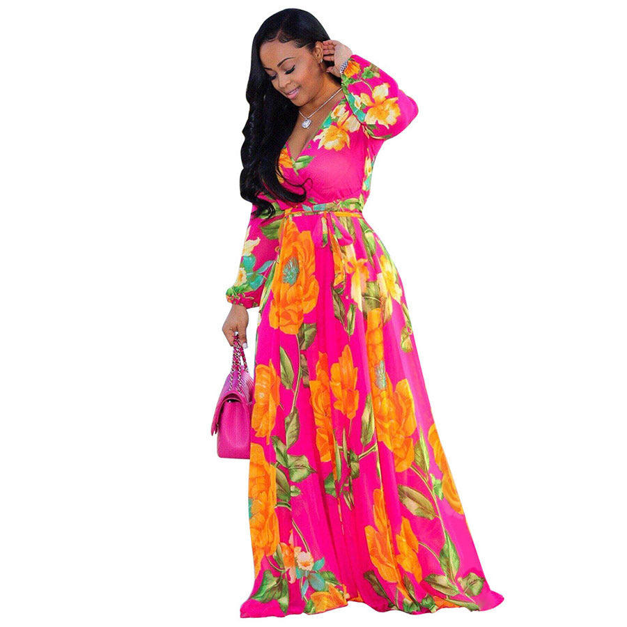 Spring And Autumn Amazon Chiffon Long Sleeve Digital Print European And American Style Big Swing Skirt Dress
