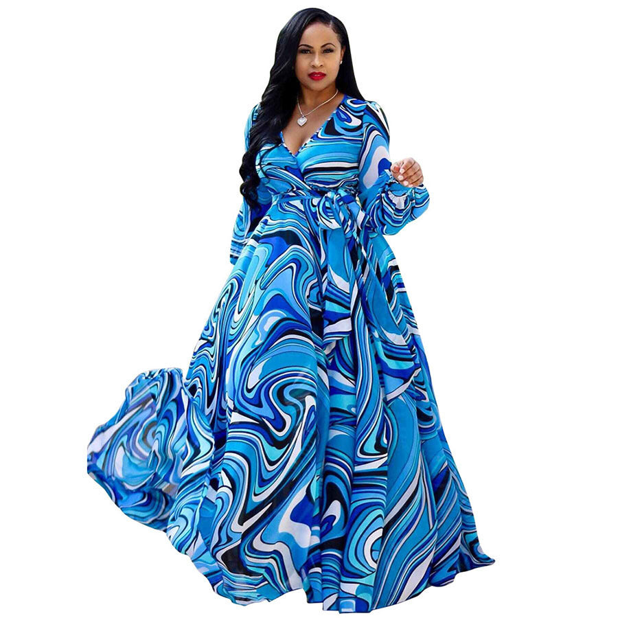 Spring And Autumn Amazon Chiffon Long Sleeve Digital Print European And American Style Big Swing Skirt Dress