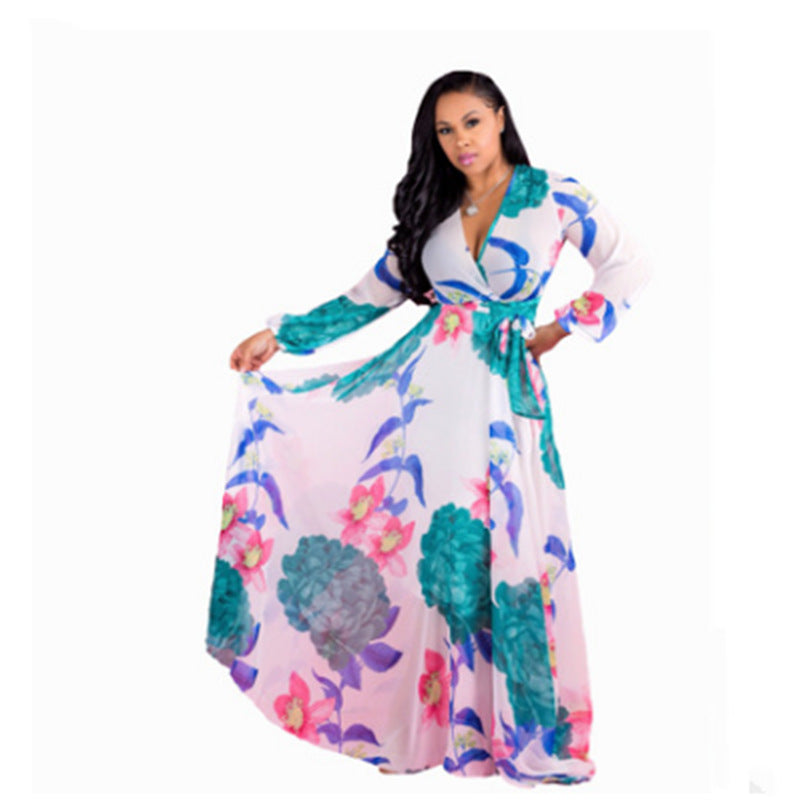 Spring And Autumn Amazon Chiffon Long Sleeve Digital Print European And American Style Big Swing Skirt Dress