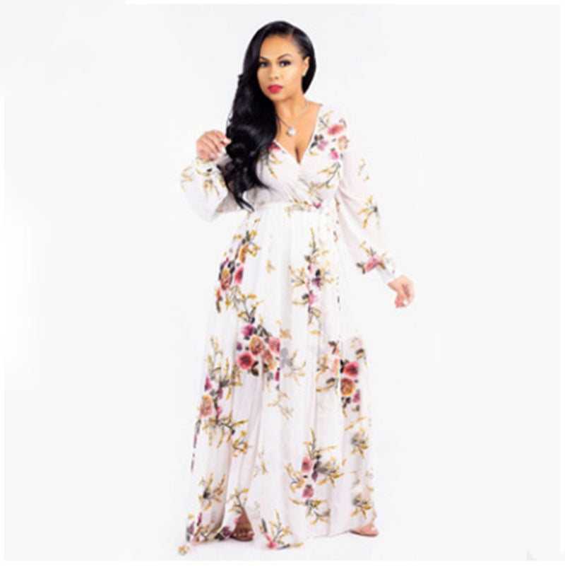 Spring And Autumn Amazon Chiffon Long Sleeve Digital Print European And American Style Big Swing Skirt Dress