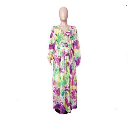 Spring And Autumn Amazon Chiffon Long Sleeve Digital Print European And American Style Big Swing Skirt Dress