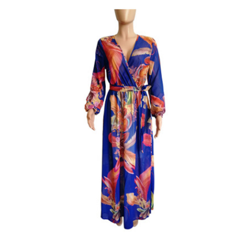 Spring And Autumn Amazon Chiffon Long Sleeve Digital Print European And American Style Big Swing Skirt Dress