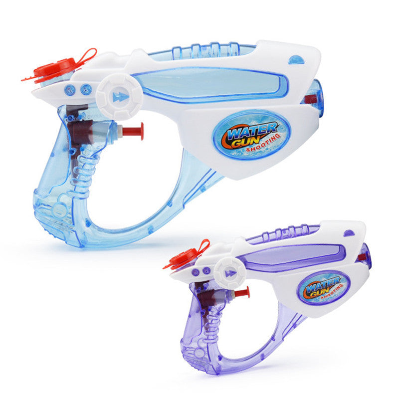 Two toy water guns, one transparent blue and the other purple, with white plastic parts and red triggers.