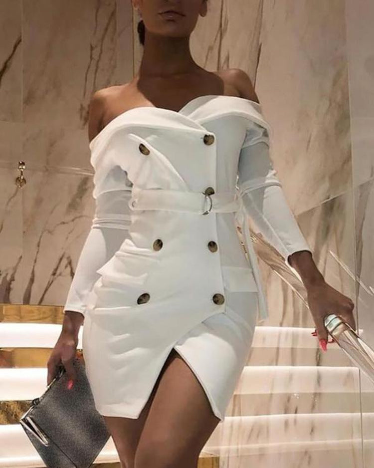 Off-the-shoulder long-sleeved beige dress