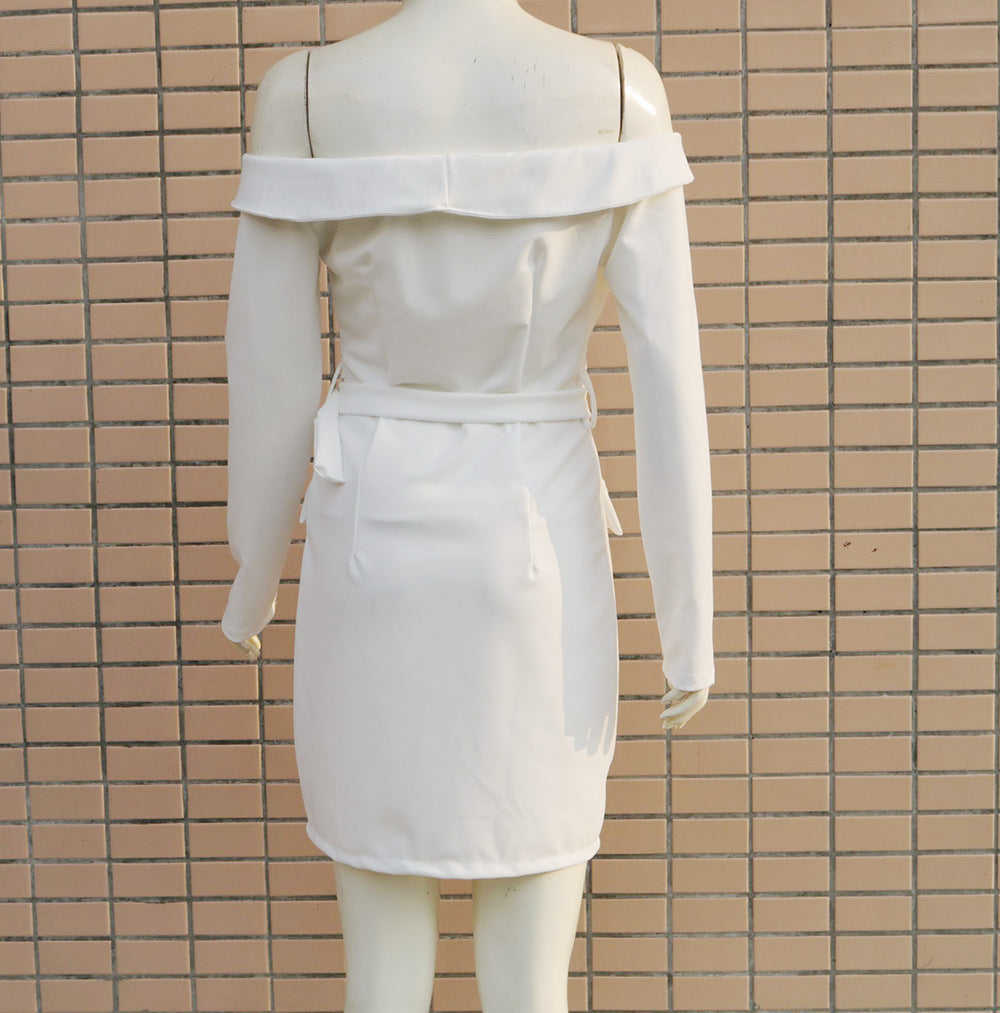 Off-the-shoulder long-sleeved beige dress