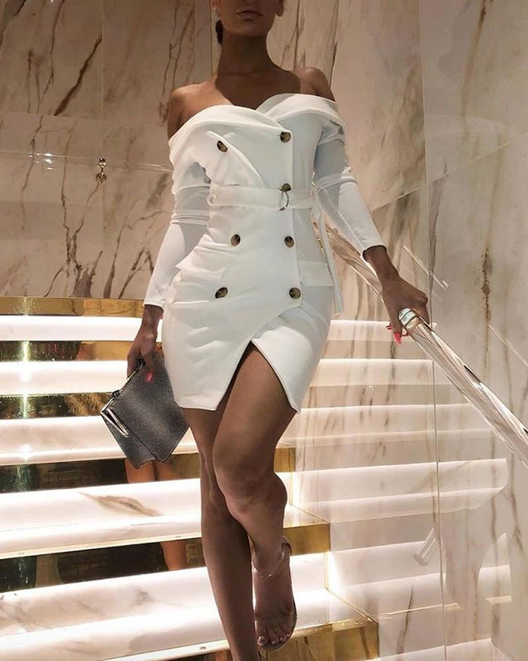 Off-the-shoulder long-sleeved beige dress