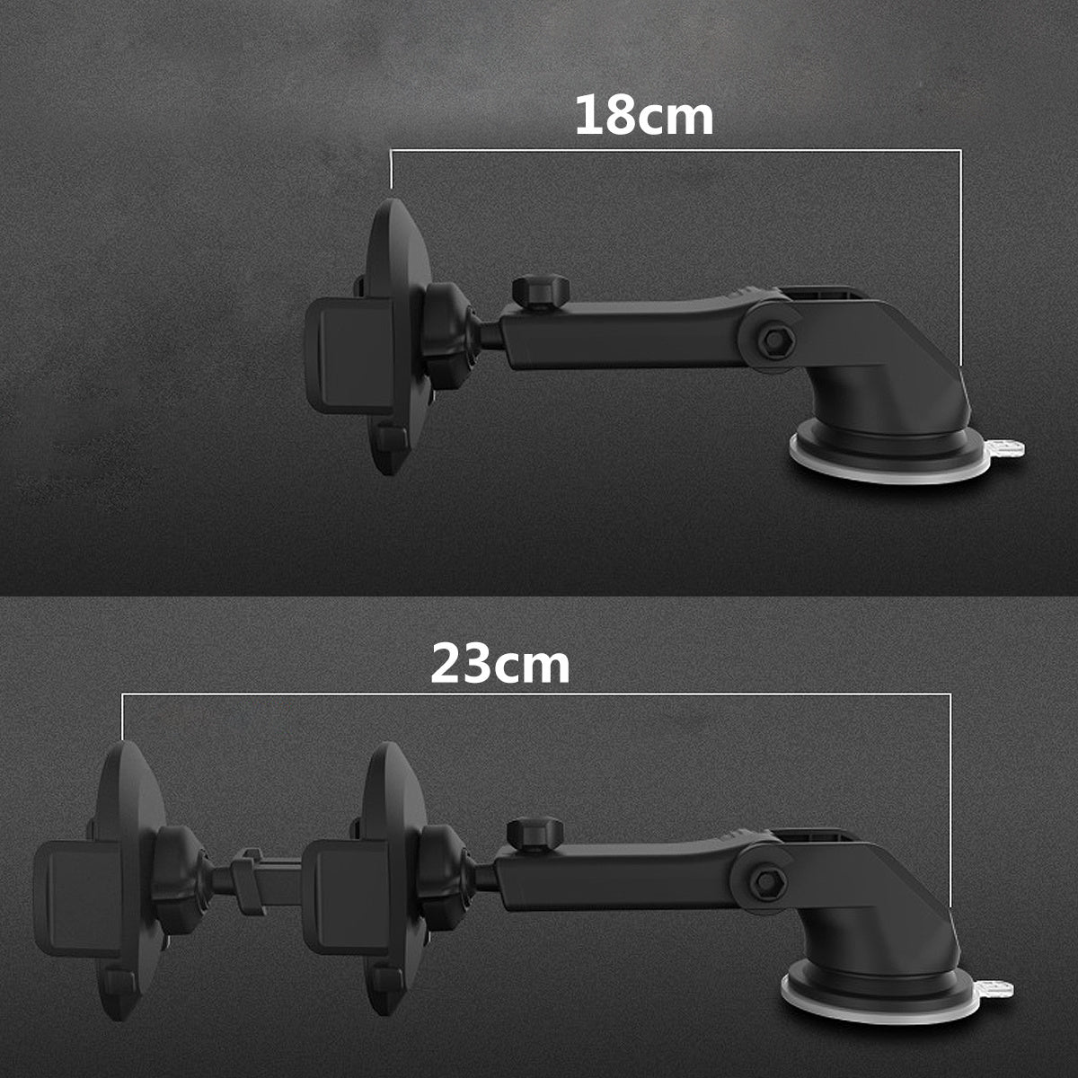 Black car phone holder with measurements on a dark background