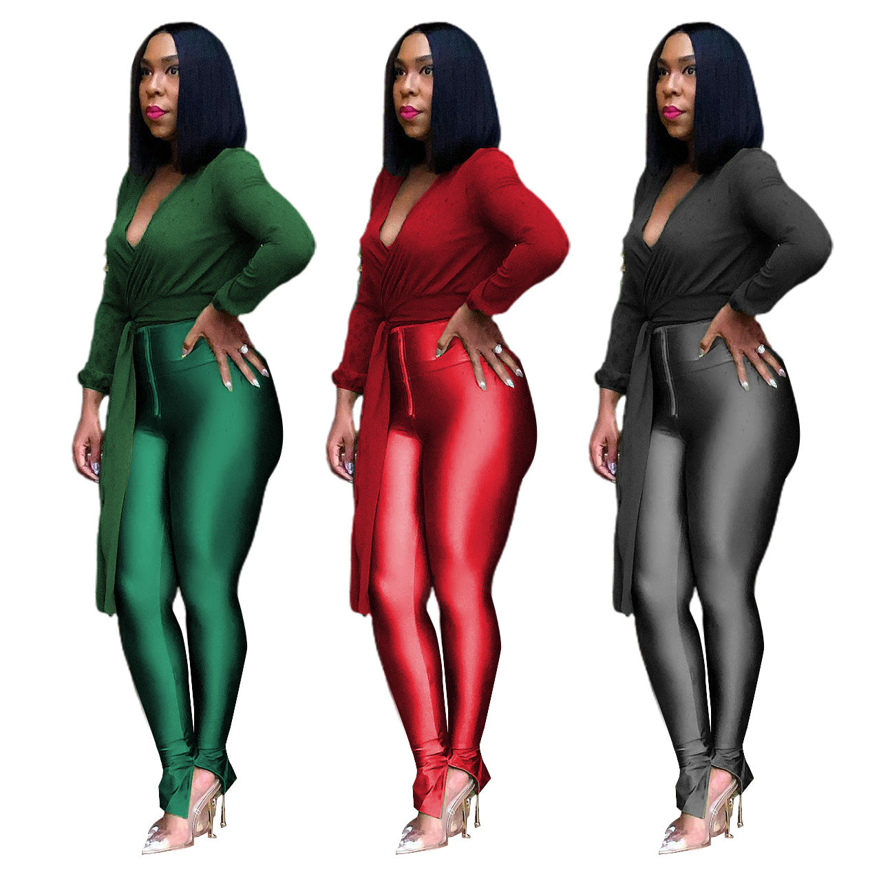 Women's Chiffon Top And Metal Pants Two Piece Set