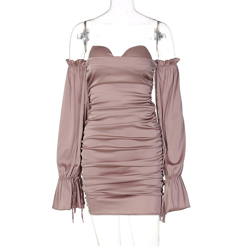 Solid Color Off-the-shoulder Lantern Sleeve Tube Top Pleated Hip Dress