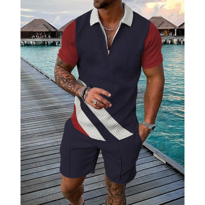 Men's Casual Striped Zip Short Sleeve Suit