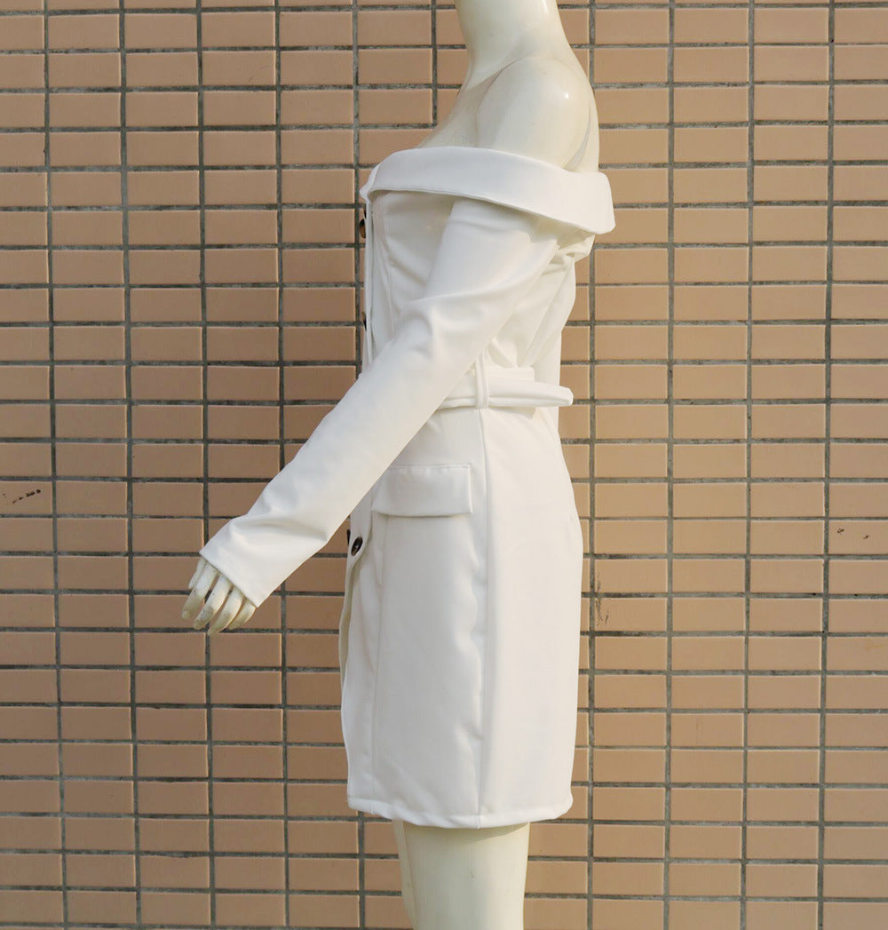 Off-the-shoulder long-sleeved beige dress