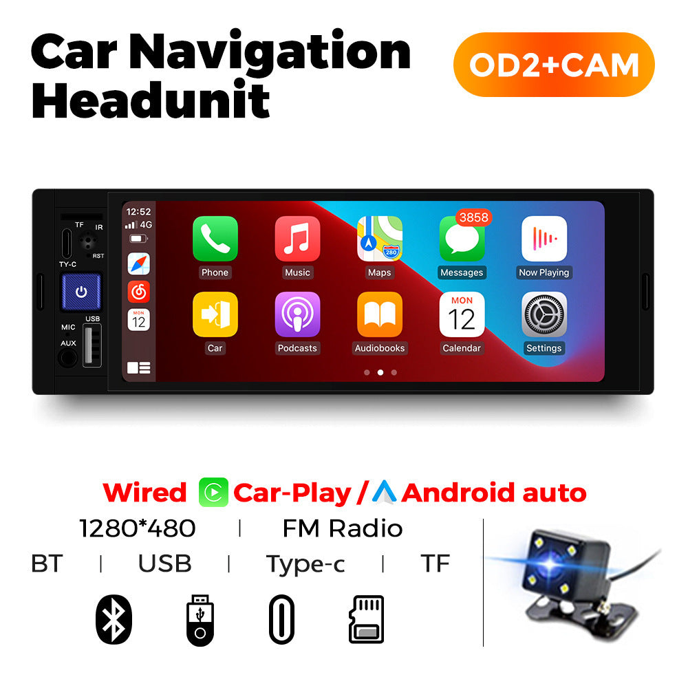 Car navigation headunit with touchscreen display and various connectivity options on a white background.