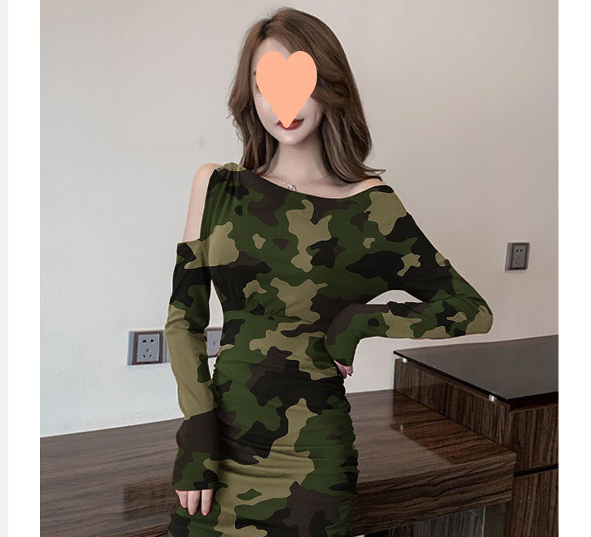 Long Sleeve Camouflage Print Off Shoulder Dress