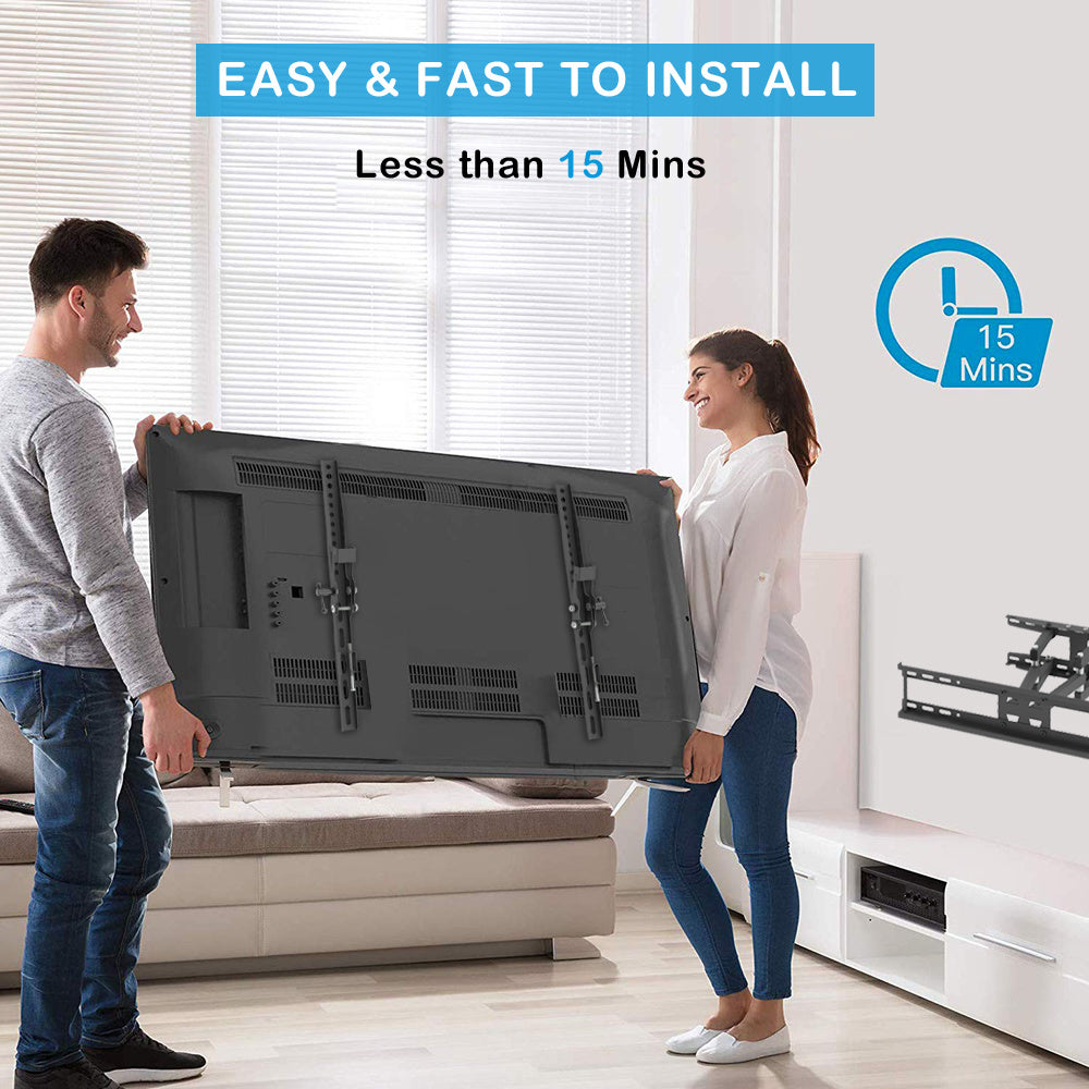 Two people installing a TV mount in a living room with text indicating ease of installation.