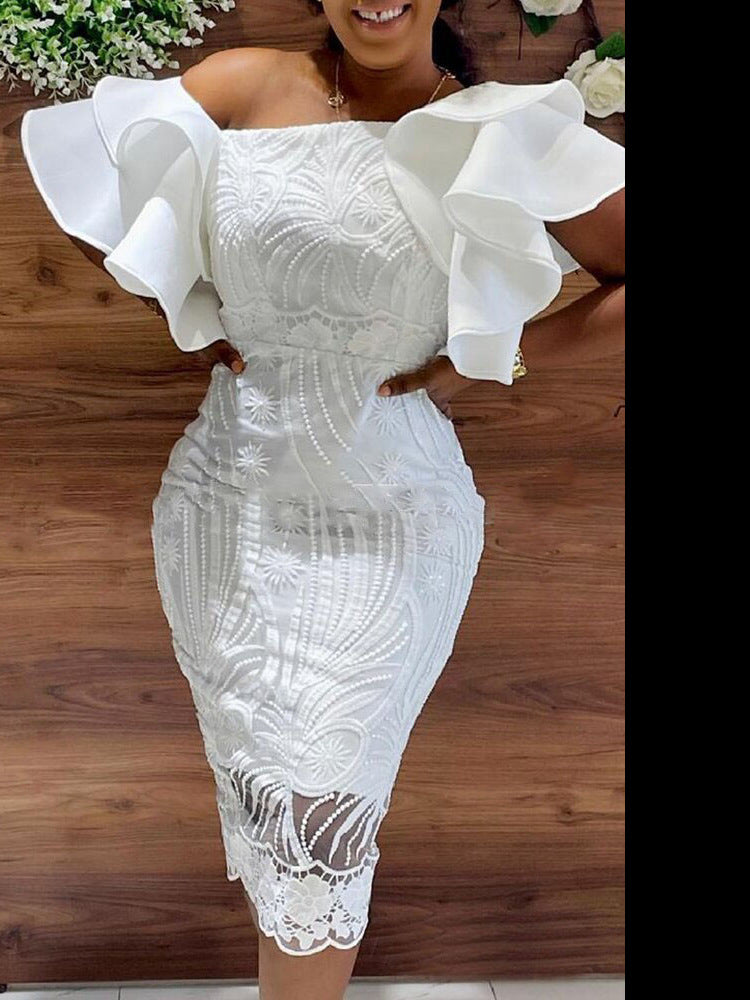 Ladies Slit Solid Color One Neck White Dress