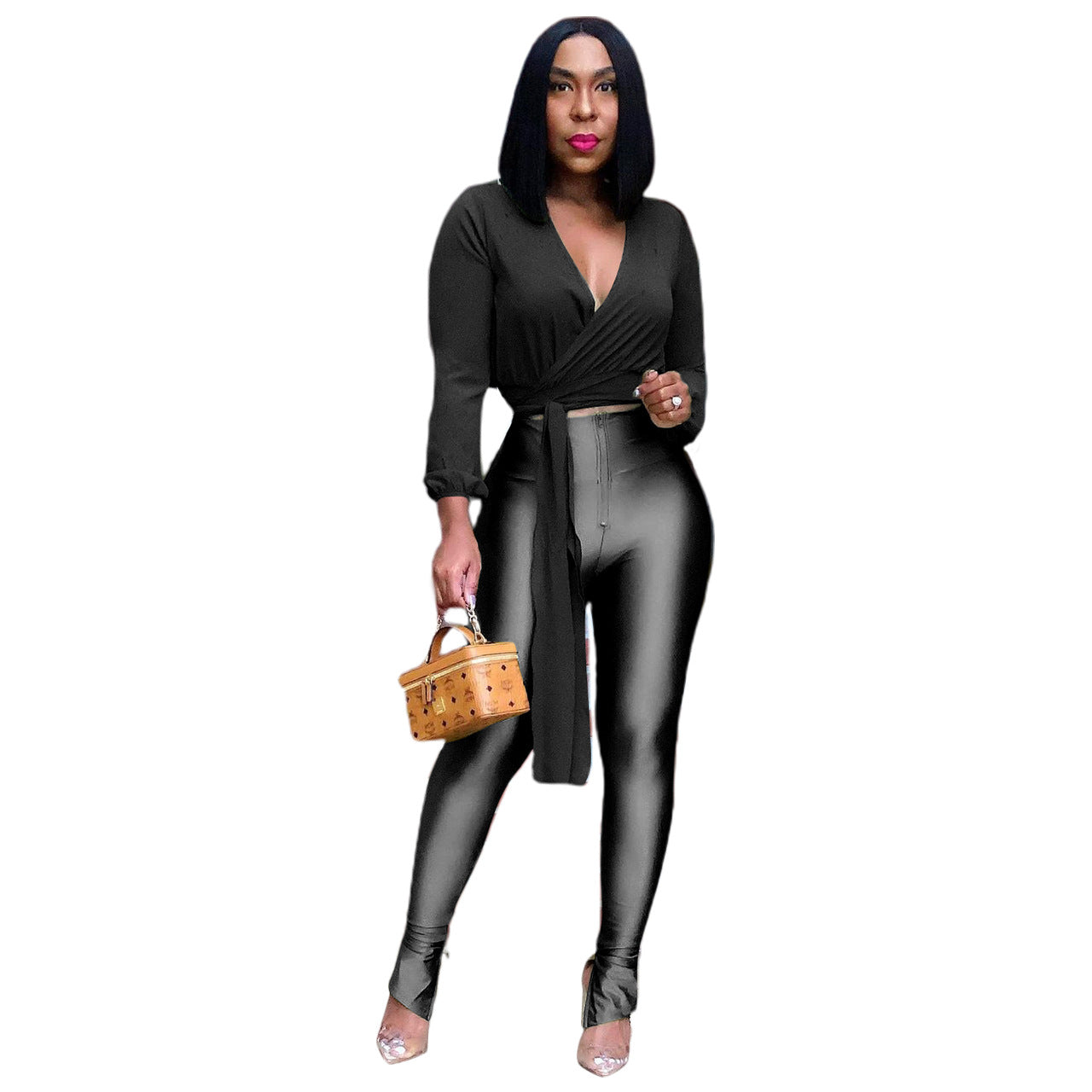 Women's Chiffon Top And Metal Pants Two Piece Set