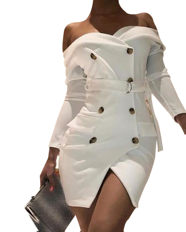 Off-the-shoulder long-sleeved beige dress
