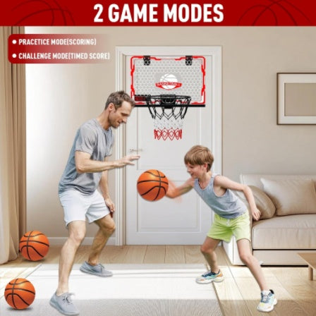 Man and child playing basketball with a door-mounted hoop in a living room.