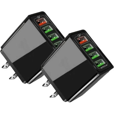 Two black USB charging stations with LED indicators on a white background