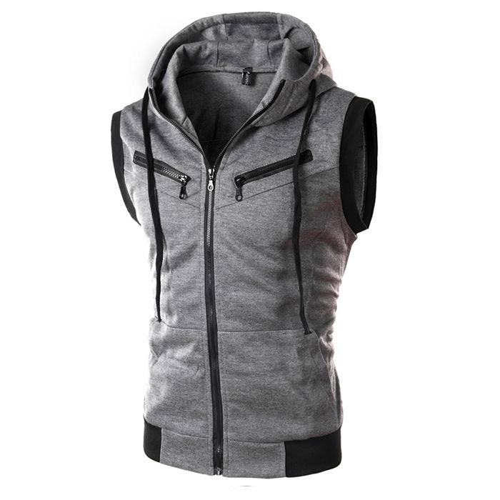 Summer New Men Hooded Sleeveless Vest Solid Color