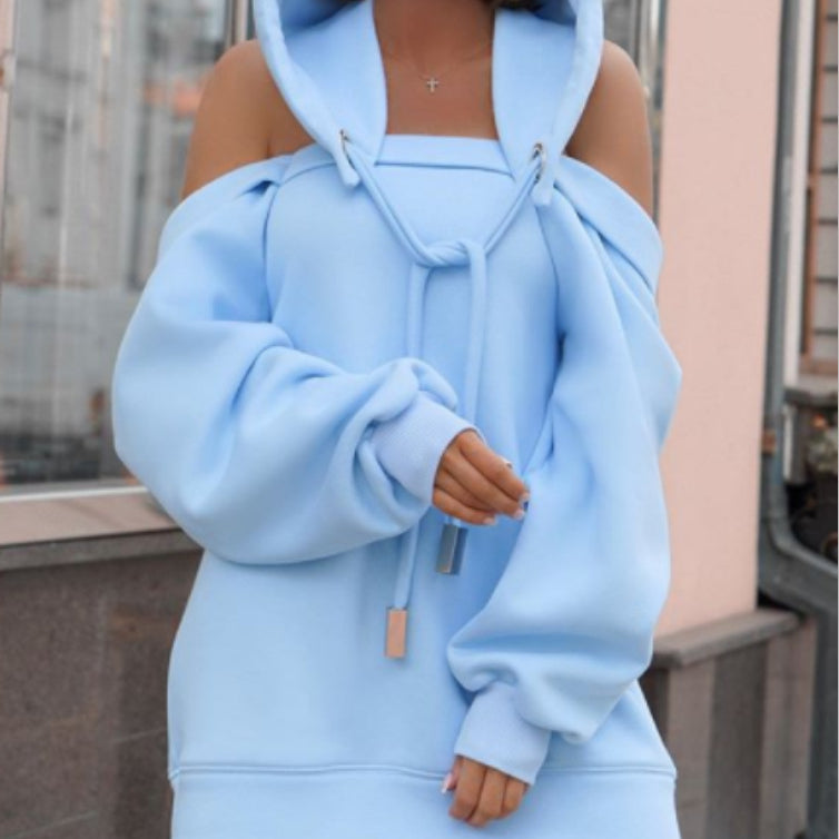 Solid color stitching off-shoulder long-sleeved sweater