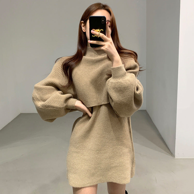 Women's Fashion Knitted High Neck Undershirt Dress Set